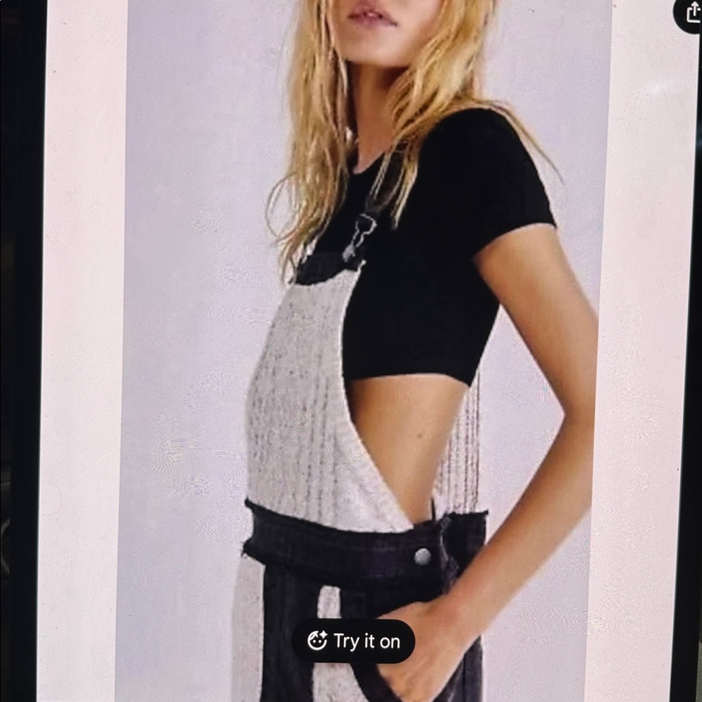 Free People Brighton Skirtall Overalls Denim Cable Knit  Black Ivory Knit